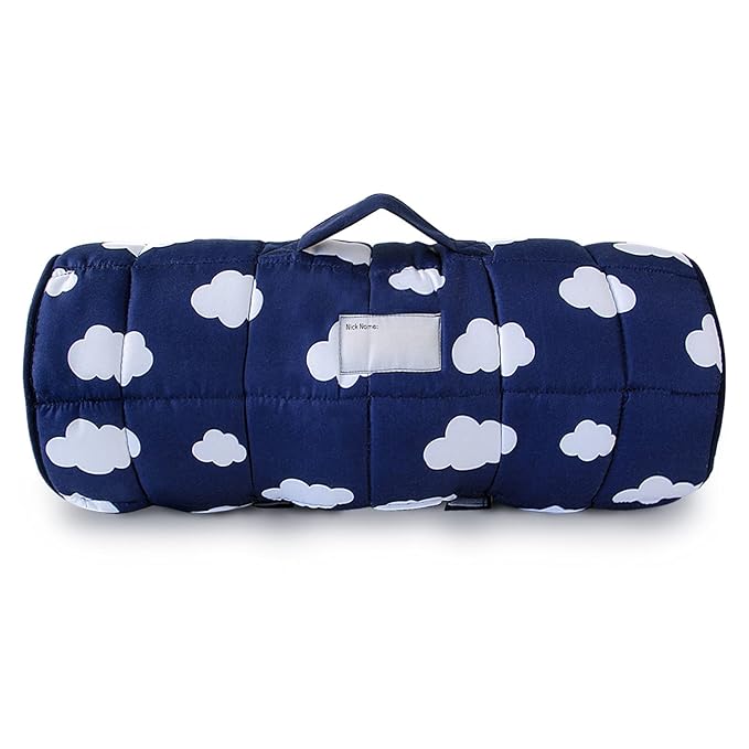 Biloban Toddler Nap Mat with Pillow and Blanket, Portable Nap Mats for Preschool Kindergarten Daycare Roll up Sleeping Bag for Kids Quilted Nap Mat, Super Soft & Cozy, Dark Blue, 50" x 21"