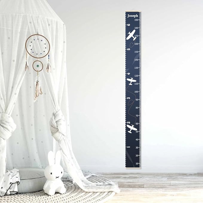 Personalized Growth Chart for Kids, Baby Height Chart with Custom Name, 77"x7.9" Canvas and Beige Wood Height Measuring Rulers for Boys Girls Removable Wall Ruler Hanging for Nursery Decor - Plane