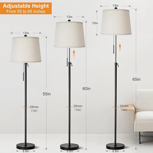JUNNAI Floor Lamps for Living Room, Black Floor Lamp Adjustable Height Standing Lamp, Dimmable Modern Tall Floor Lamp for Bedroom Office with Beige Linen Shade, 8W 3000K Bulb Included