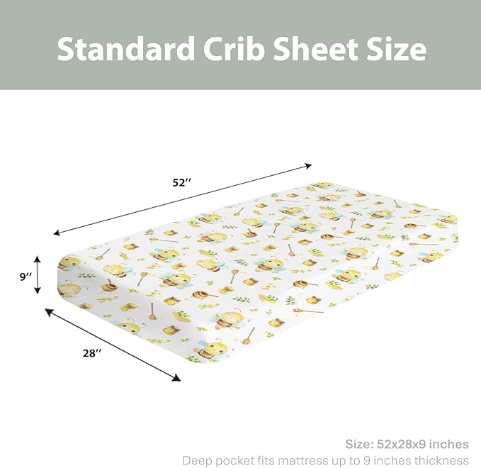 Bee Honey Baby Crib Sheets for Boy Girl 52"x28" Cute Bees Honeycomb Floral Leaves Soft Snug Fitted Crib Mattress Cover Summer Spring Garden Baby Sheet for Standard Crib & Toddler Bed Mattress