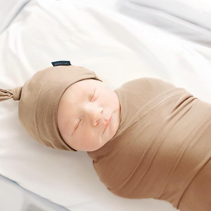 GRSSDER Newborn Swaddle Blanket, Ultra Soft Jersey Receiving Blanket with Matching Headband and Beanie Set 33×44", Stretchy Baby Neutral Swaddle Wrap for Girls and Boys