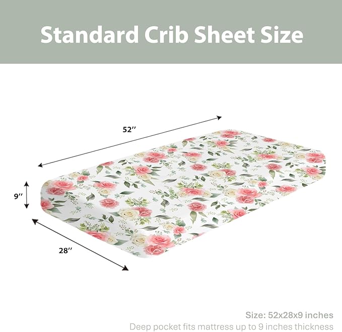 Bloom Rose Green Leaves Baby Crib Sheets for Boy Girl 52"x28" Boho Floral Soft Stretchy Fitted Crib Mattress Cover Spring Summer Flowers Nursery Baby Sheet for Standard Crib & Toddler Bed Mattress