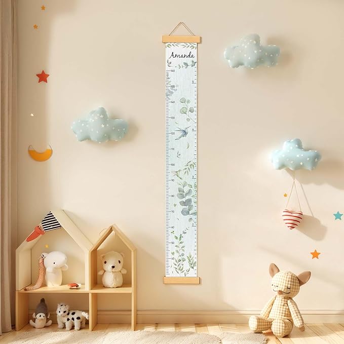 Woodemon Personalized Name Growth Chart for Wall, Eucalyptus Leaves Canvas Height Chart for Kids Baby Child Toddler Boys Girls, Canvas&Wood Growth Chart for Wall Room Nursery Decor,Easy Care
