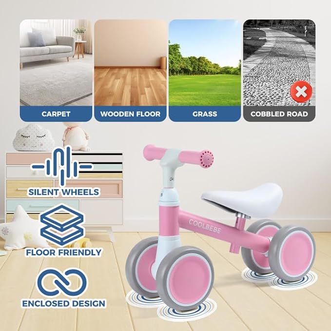 COOLBEBE Baby Balance Bike for 1 Year Old Boys Girls Gift, 2 Year Old Toddler Balance Bike with 4 Silent Wheels, One Year Old Birthday Gift Children for 12M-36M Pre-School