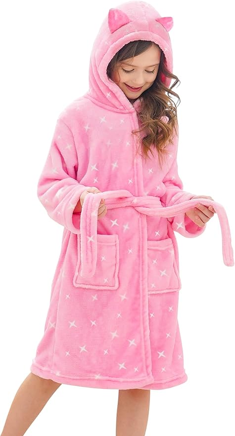 Doctor Unicorn Girls Leopard Cat Robe Kids Fleece Warm Hooded Bathrobe
