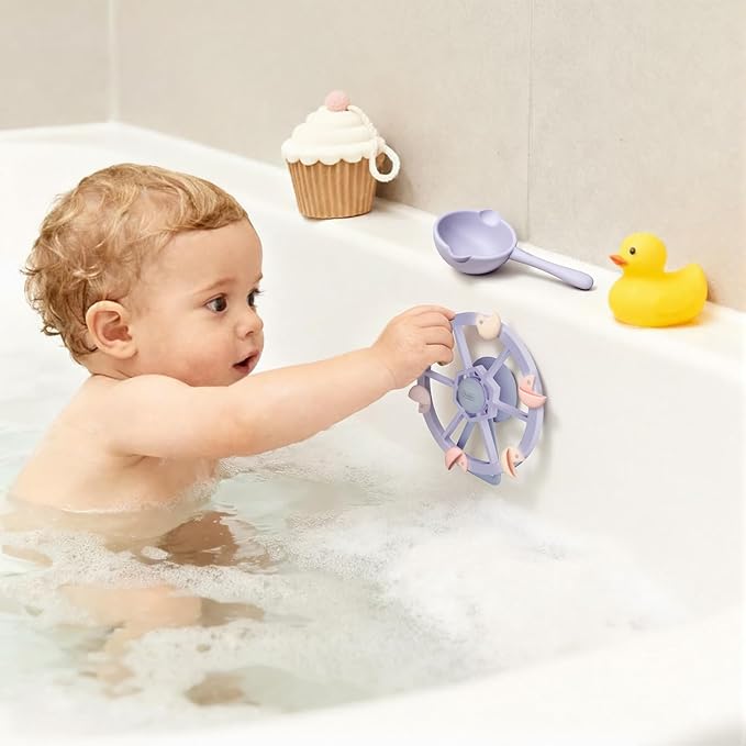 Roslim Bathtub Suction Spinner Toys - Silicone Bath & High Chair Ferris Wheel Shape Sensory Toy for Babies & Toddlers, Novelty Spinners with Suction Cup, Car Window Travel Toys (Purple)