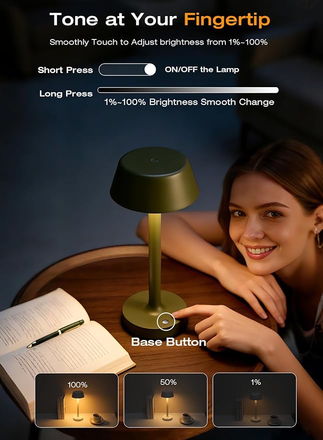 Light Worthy Cordless Rechargeable Table Lamp with Power Charger,Portable LED Desk Lamp,5000mAh Battery Operated,2700K-5700K Tunable,Stepless Dimming for Bedroom Bedside Touch Night Light,Green
