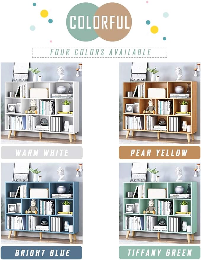 IOTXY Wooden Open Shelf Bookcase - 3-Tier Floor Standing Display Cabinet Rack with Legs, 10 Cubes Bookshelf, Pear Yellow