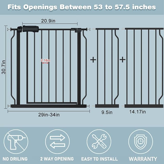 Extra Wide Baby Gate Black 53-57.5 Inch Wide Walk Through Pressure Mounted No Drill Long and Large Tension Metal Gate for Dog and Toddler
