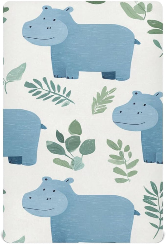 Cute Hippo and Green Leaves Crib Sheets Standard Crib Toddler Mattresses Cover Fitted Baby Bed Sheet Breathable Crib Mattress Sheet for Girls Boys 52" x 28"x5''