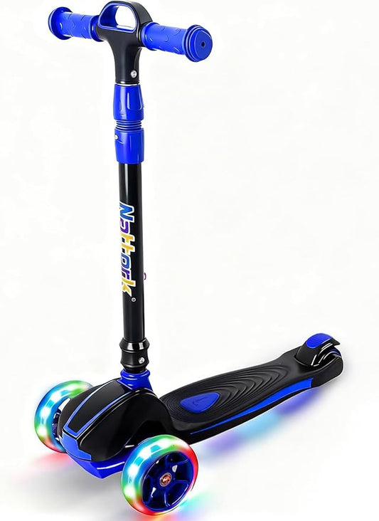 Nattork Kids Scooter for Age 3-8, Toddler Scooter with 4 Adjustable Height for Boys & Girls, Light Up 3-Wheels Foldable Kick Scooter, Lean to Steer, 120LB Weight Capacity