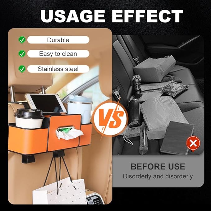 Fiopet 3-in-1 Car Seat Back Storage Box, 2026 New Multifunctional Car Back Seat Organizer with Cup Holder, Tissue Box, Trash Bin & Hooks for Hold Phones, Snacks, Drinks, Handbags (Brown)