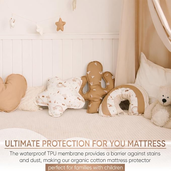 Organic Cotton Percale Waterproof Crib Mattress Protector – 280 GSM, Breathable, Soft Natural Feel – Fitted, Fits Standard Baby Crib Mattress (52" x 28")