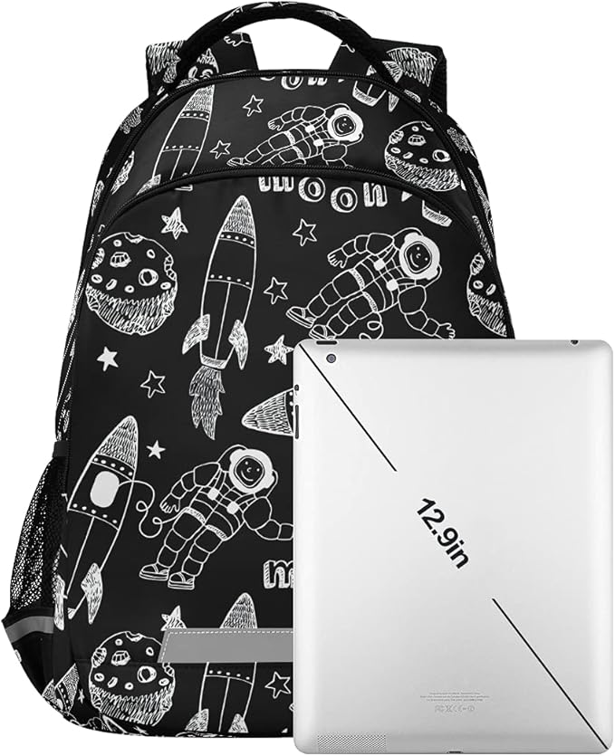 MNSRUU School Backpack with Chest Strap, Cartoon Astronaut Planet And Rocket Laptop Backpack, Travel Hiking Backpack for Boys Girls, Rucksack, Knapsack
