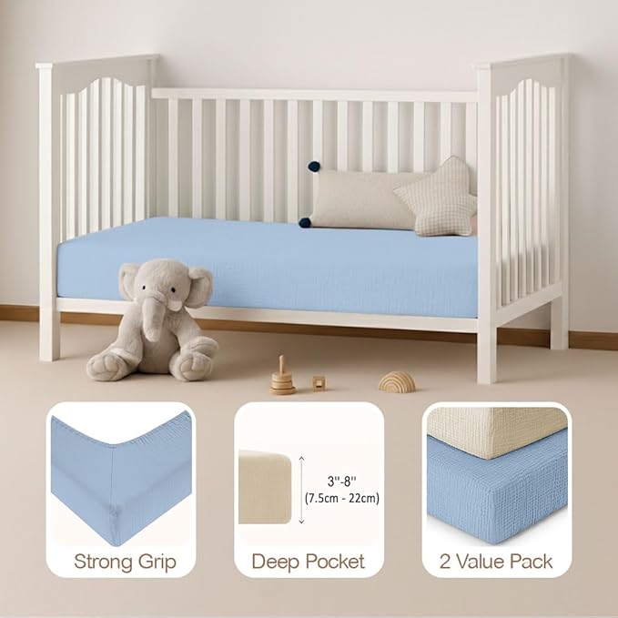 Mère & Moi Muslin Fitted Crib Sheets – 100% Cotton, Ultra-Soft & Breathable Baby Bedding for Standard Crib & Toddler Mattress (28” x 52”) - 2 Pack (Light Blue and Cream)
