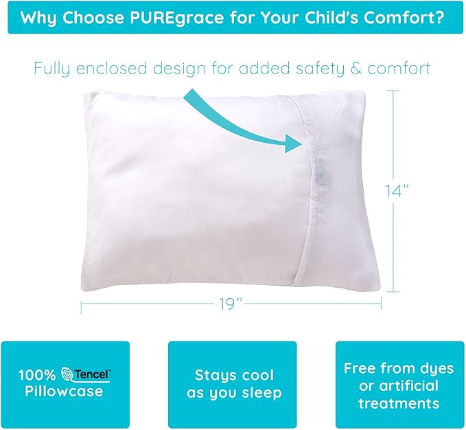 PUREgrace Tencel Toddler Pillowcase – Washable and Soft, Sized for All Toddler Pillows, Breathable and Smooth with Secure Flap Design
