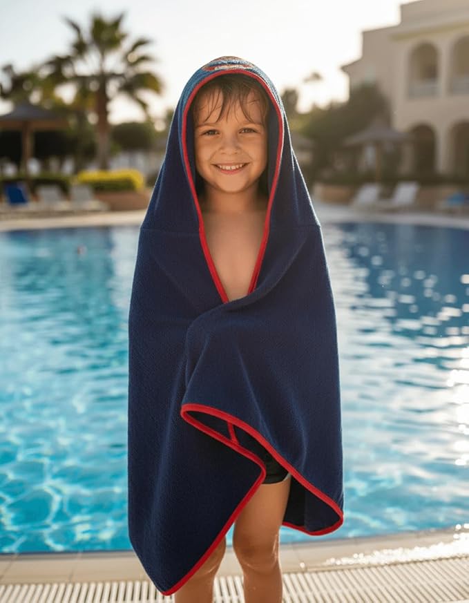 BAGNO MILANO Kids Organic Turkish Cotton Hooded Beach Cover-Up Towel, GOTS Certified, for Boys and Girls (Racer Navy, 24"x48"+8"/Hooded Towel)