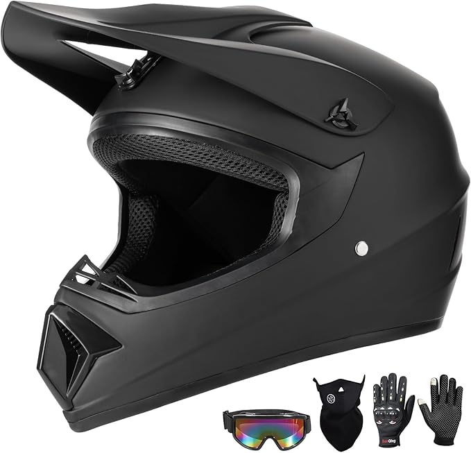 Youth Motorcycle Helmet (Goggles Gloves Face Shield) 4PCS Set, Unisex Dirt Bike Helmets Full Face Helmet, Mountain Bike Motocross Helmets, DOT Approved Helmets (Matte Black, Medium)
