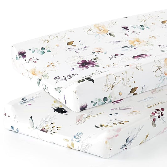 GRSSDER Stretch Ultra Soft Jersey Knit Changing Pad Cover Set 2 Pack,Change Table Pad Covers Fit 32"/34" x 16" Pads Safe and Snug,Watercolor Pretty Purple Flora for Girls