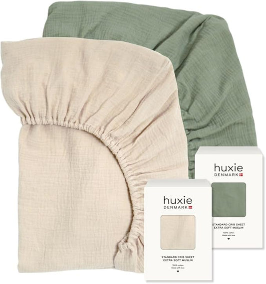 Crib Sheets – Organic Cotton Muslin Fitted Crib Sheet – Standard Size for Baby Boy and Baby Girl 28" x 52" Ultra-Soft and Breathable. 2-Pack (Fog/Roman Green)