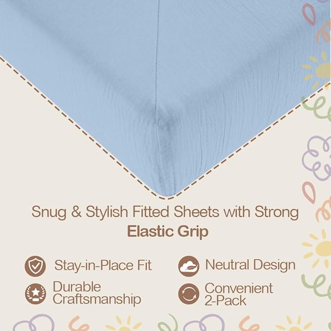Mère & Moi Muslin Fitted Crib Sheets – 100% Cotton, Ultra-Soft & Breathable Baby Bedding for Standard Crib & Toddler Mattress (28” x 52”) - 2 Pack (Light Blue and Cream)