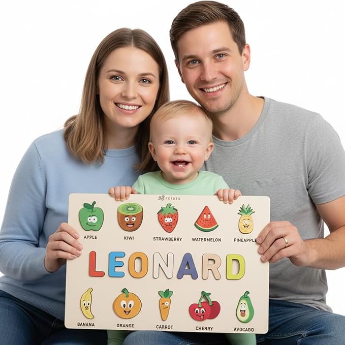 Personalized Name Puzzle for Toddlers 1-3, Customized Baby Girl Gift, Custom Baby Boy Gift, Wooden Name Puzzle for Kids, Custom Baby Stuff, Baby Nursery Room Decor (Fruits - 10 Figures)