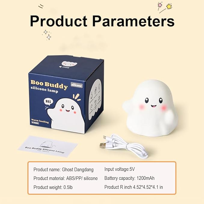 Ghost Night Light for Kids, Silicone Nursery Nightlight with 13 Interactive Sound Effects ,Halloween Decor Lamp Adjustable Dimmable Lamp with Touch Sensor Children's Christmas Gifts (white ghost）