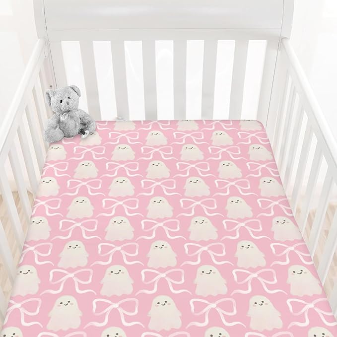 Halloween Spooky Pink Bows Baby Crib Sheets Cute Pastel Bows Soft Crib Sheet Spooky Season Fitted Crib Mattress Cover for Standard Crib and Toddler Mattresses 52"x28"