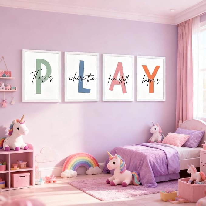 Cute Alphabet Play Framed Wall Art Set of 4, Natural Educational Alphabet Wooden Sign for Baby Girl Kid Boy Toddlers, White Boho Preschool English Letters Nursery Decor for Homeschool Playroom