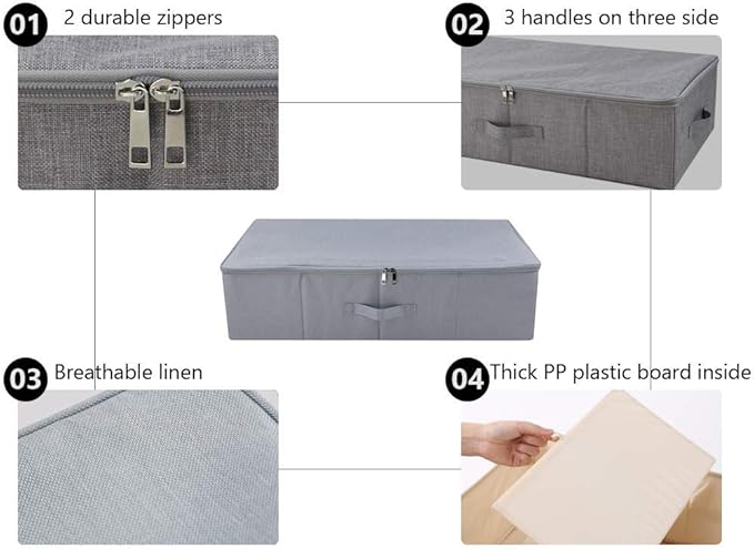 iwill CREATE PRO Folding Washable Rigid Underbed Storage Boxes with Zip Lid for Garment, Clothing, Blankets for Bedroom, College Dormroom, Wardrobe, Shelf Baskets, Pack of 3, Black Gray
