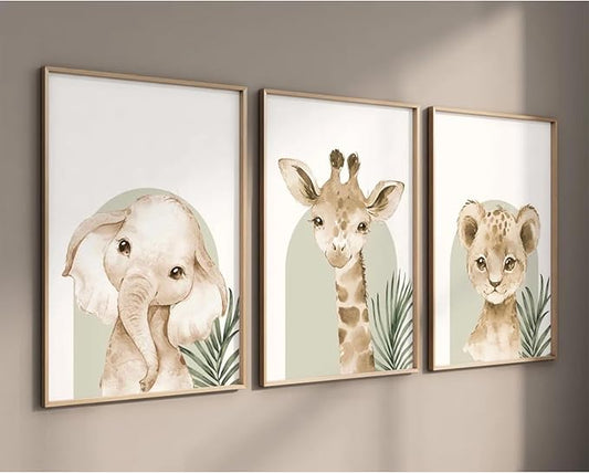 Animal Wall Art Pictures Baby Nursery Canvas Wall Art Decor Safari Animal Prints Jungle Kids Wall Art Woodland Nursery Wall Decor Giraffe Jungle Poster for Room 16x24 Inch Unframed Set of 3