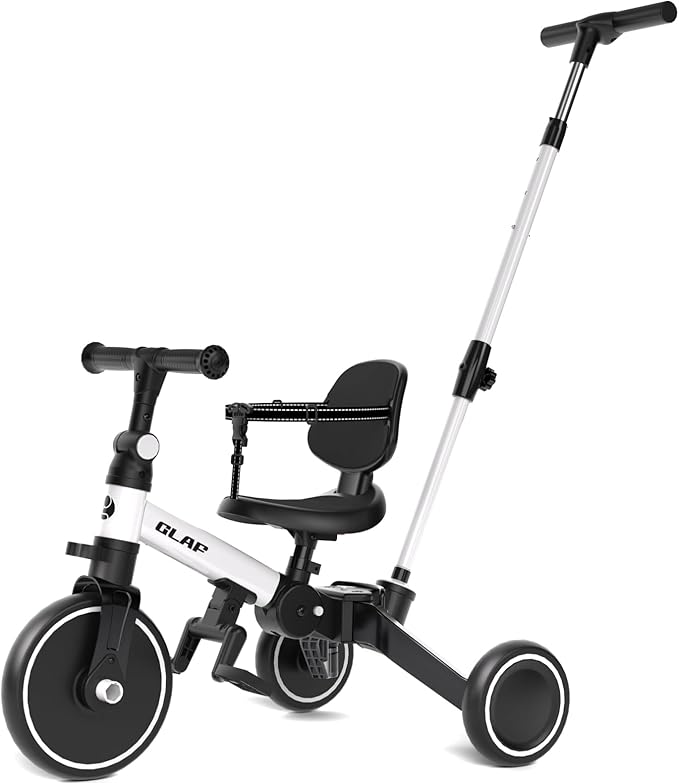 Glaf Tricycle for Toddlers 1-3 Toddler Bike with Push Handle 2-4 Years Baby Bike Toy for 1 Year Old Boys and Girls Balance Bike with Removable Pedal, Backrest, Adjustable Seat, Gifts (White)