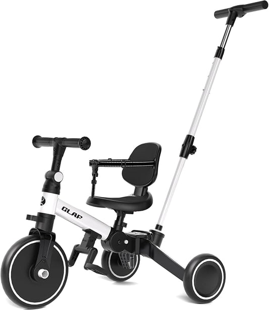 Glaf Tricycle for Toddlers 1-3 Toddler Bike with Push Handle 2-4 Years Baby Bike Toy for 1 Year Old Boys and Girls Balance Bike with Removable Pedal, Backrest, Adjustable Seat, Gifts (White)