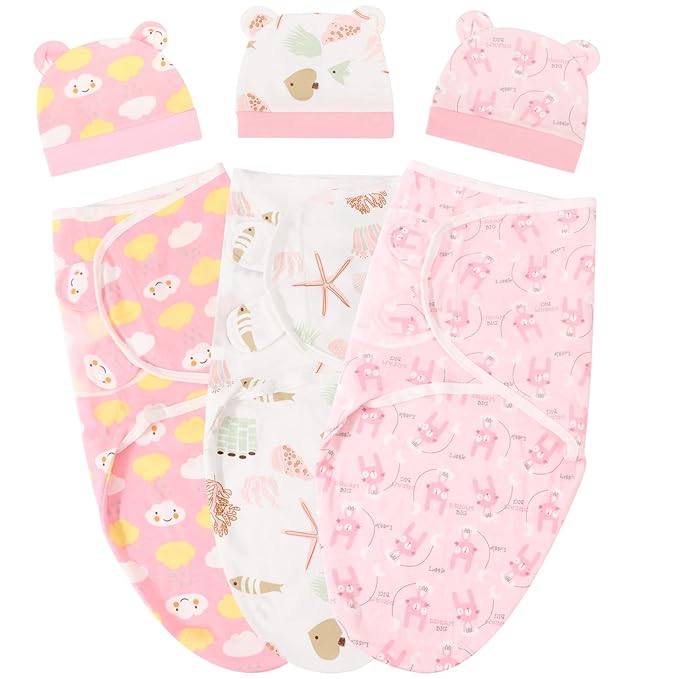 DRESHOW BQUBO 3 Pack Baby Swaddle Sleep Sacks Baby Swaddling Blanket Wrap Newborn Swaddle Sack with Bear Ears Hat for Boys Girls 6-12 Lbs Newborns & 0-3 Months Girls Boys