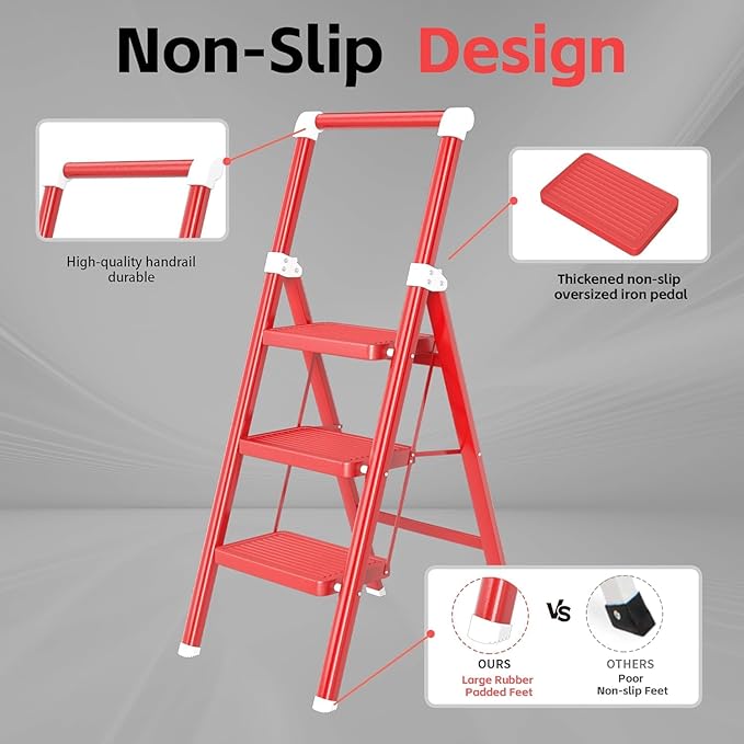 3 Step Ladder, DIAMONDFORGE Foldable Step Stool with Wide Non-Slip Pedal, Non-Slip Feet and Hand Grip, Durable Steel Build, Steel Step Ladder for Home Use, Red White