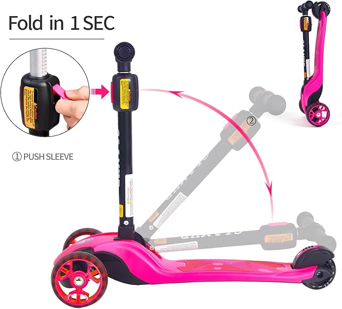 GLAMUP Kids Kick Scooter 3 Wheels, Kids Scooter Height Adjustable Handlebar, Lean-to-Steer System & Easy-Folding Mechanism, Ages 3-14 Boys and Girls