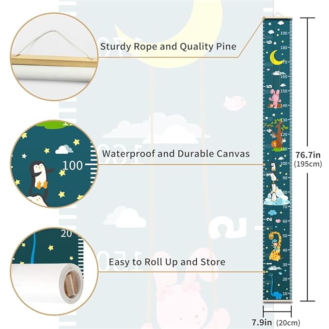 Baby Height Growth Chart - Canvas Height Chart for Kids Baby Child Toddler Boys Girls Growth Chart for Wall Room Nursery Decor Hangable and Removable Measuring Wall Ruler (Moon Rabbit, Black Wood)