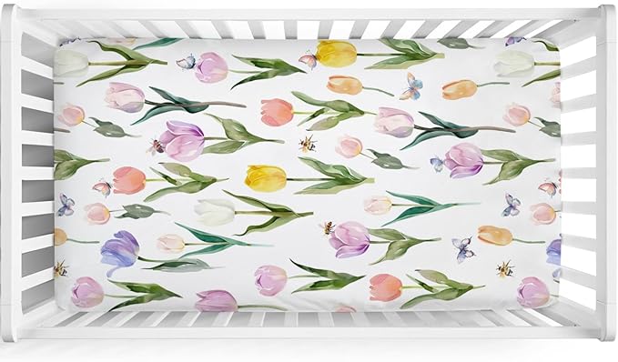 Watercolor Tulips Bees Butterflies Baby Crib Mattress Sheet 52''x28'' Boho Spring Floral Stretchy Fitted Crib Mattress Sheet for Boy Girl Wild Flower Soft Bed Sheet for Standard Crib Toddler Mattress