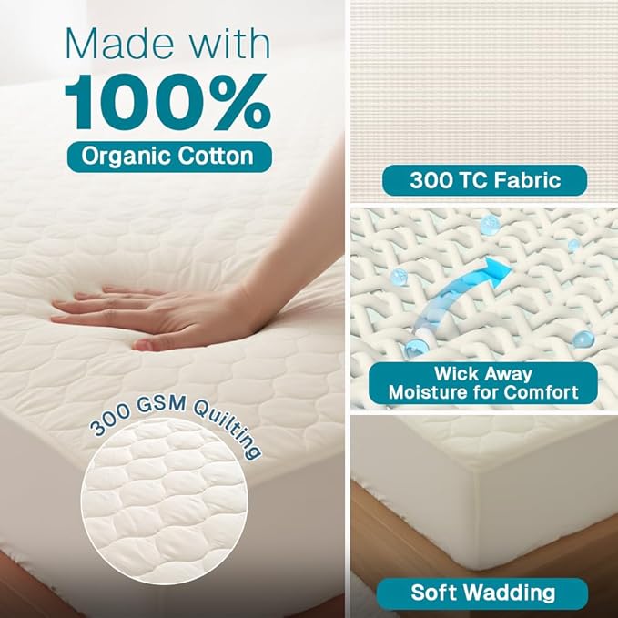 FABDREAMS Organic Quilted Mattress Protector Full Size | Mattress Pad| Mattress Cover| Naturally Breathable | Noiseless| Fits up to 17" Deep Pockets| Temperature Regulating | Ivory