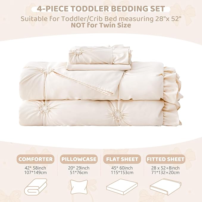 Wowelife Toddler Bedding Sets for Girls, 4-Piece Beige Toddler Bed Set Floral Ruffles Boho Bohemian Jacquard Includes Comforter, Fitted Sheet, Top Sheet and Pillowcase, Beige