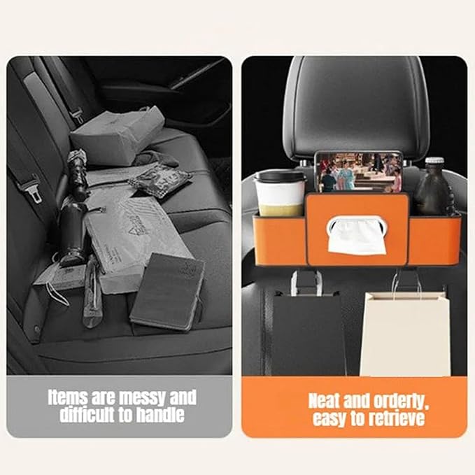 Gugliet 3-in-1 Car Backseat Organizer, Multifunctional Car Seat Back Storage Box, Universal Cars Seat Organizer Tissue Box and Storage with 2 Cup Holders and Hanging Hooks (Brown)