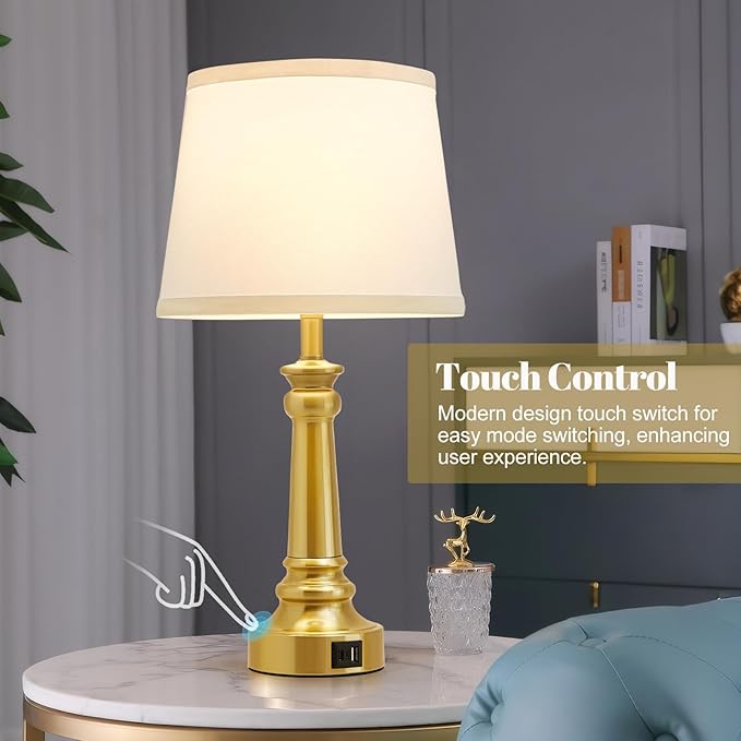 EJIAXIN Touch Lamps for Nightstand Set of 2 - Gold Table Lamp for Bedroom Dimmable Bedside Lamps with USB C+A Ports - Lamps for Night Stands Living Room End Table,2 LED Bulbs Included