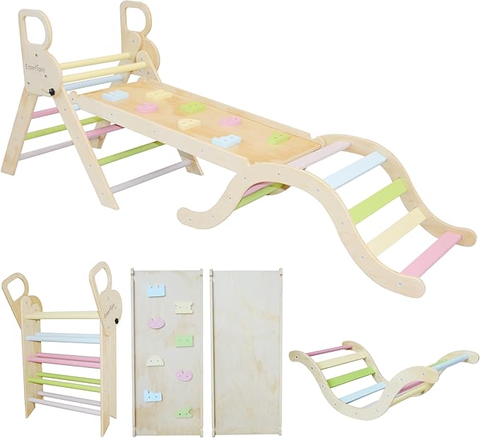 Pikler Triangle Set 7in1, Toddler Climbing Toys Indoor, Montessori Indoor Jungle Gym with Slide, Arch, Ramp and Ladder, Wooden Indoor Playground, Montessori Toys Toddlers, Baby, Kids
