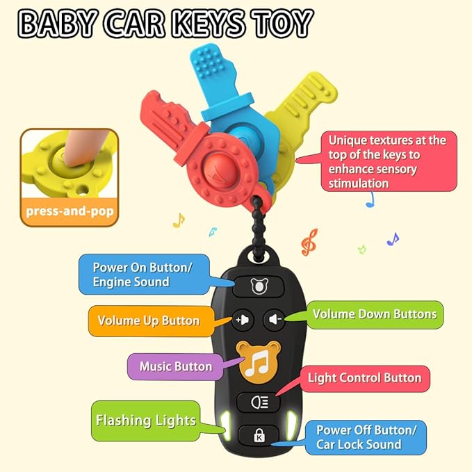 Baby Toy Car Keys Baby Remote Control Toy Set, Toddlers Pretend Toy Key and TV Remote with Sounds Lights Interactive Musical Sensory Learning Toys Gifts for Boys Girls Infant Age 6+ Months