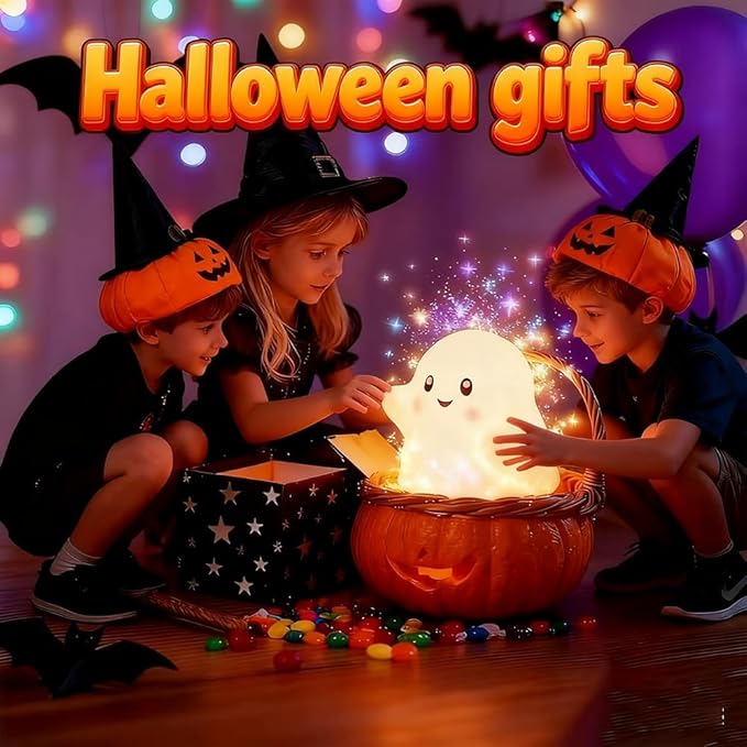 Ghost Night Light for Kids, Silicone Nursery Nightlight with 13 Interactive Sound Effects ,Halloween Decor Lamp Adjustable Dimmable Lamp with Touch Sensor Children's Christmas Gifts (white ghost）