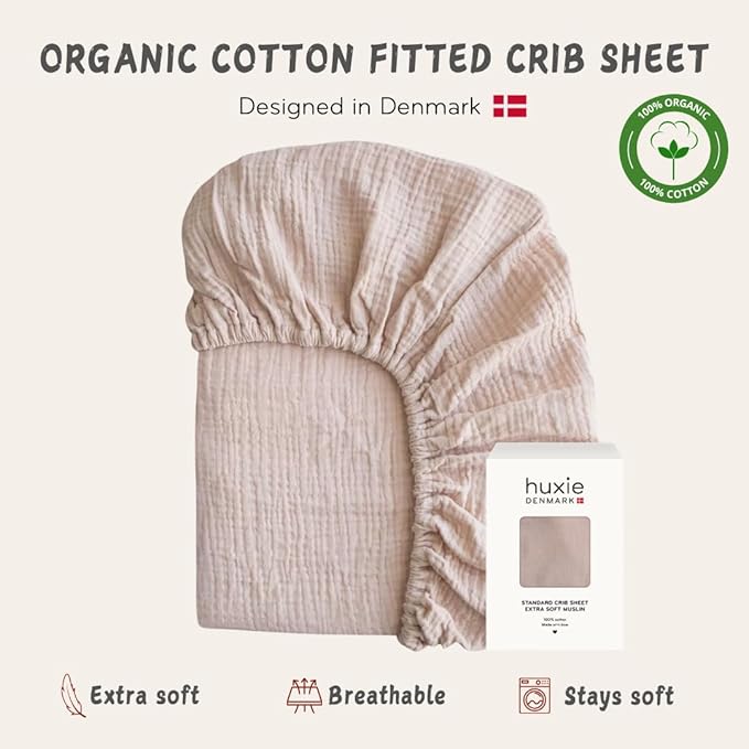Crib Sheets – Organic Cotton Muslin Fitted Crib Sheet – Standard Size for Baby Boy and Baby Girl 28" x 52" Ultra-Soft and Breathable. (Blush)