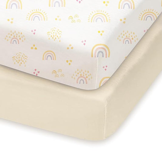 Pack and Play Sheets Fitted, Mini Crib Sheets 2-Pack for Pack N Play Mattress, Stretchy Playard Sheet, Soft and Breathable