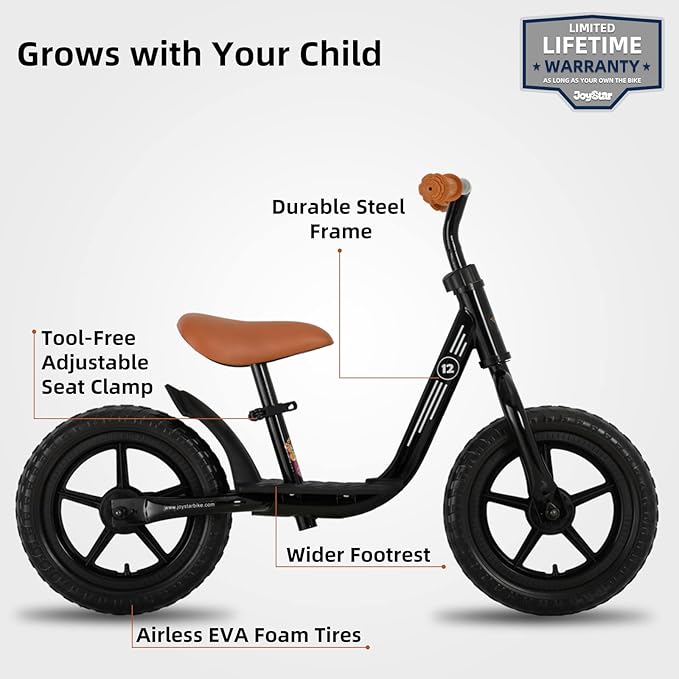 JOYSTAR 10"/12" Toddler Balance Bike for Girls & Boys, Ages 18 Months to 5 Years, Kids Push Bike with Footrest & Adjustable Seat Height, First Birthday Gifts for 2-5 Boys Girls