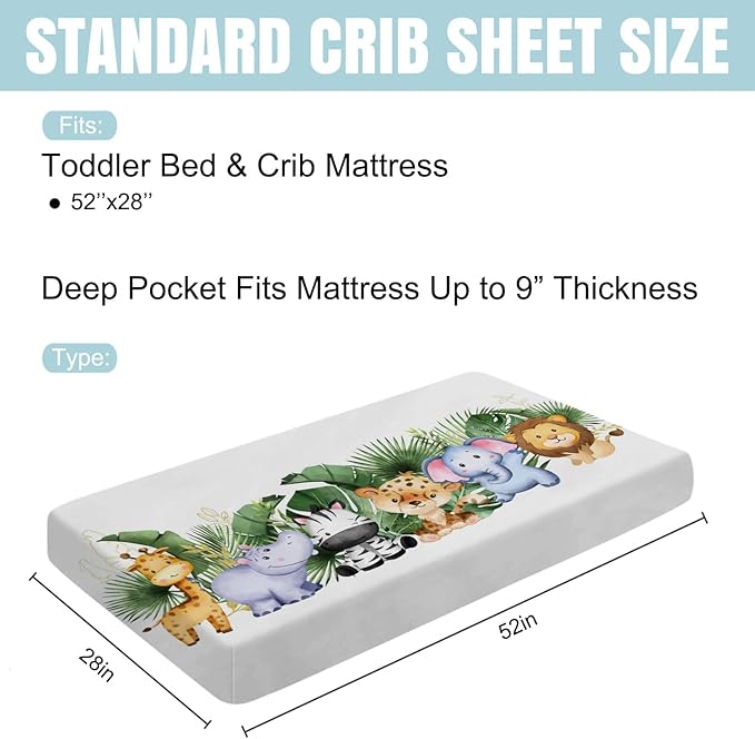 Baby Jungle Safari Animals Tropical Leaves Flowers Baby Crib Sheet 52''x28'' Fitted Crib Mattress Cover for Boy Girl Nursery Toddler Bed Sheet Fits Standard Crib and Toddler Mattresses Leaves
