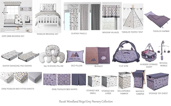 Bacati Woodlands Grey/Beige Neutral Cotton 4 Pc Toddler Bedding Set, Beige/Grey